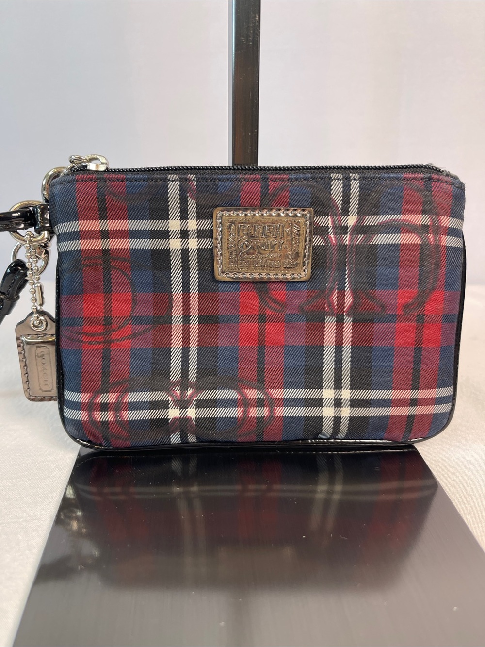 Coach Poppy Plaid Tartan Wristlet Red Navy Blue Heart Logo 6”
